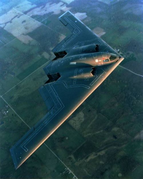 Overhead view of the B-2 stealth bomber showing its long nozzle troughs