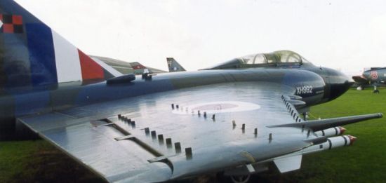 A Gloster Javelin showing the three sets of vortex generators located along the outer portion of the wing