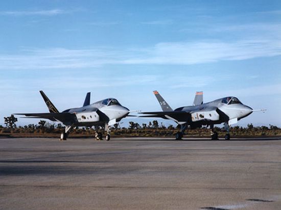 Navy X-35C and Air Force X-35A ground attack fighter prototypes