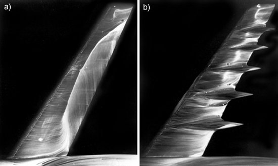 a) Large region of shock-induced flow separation on a swept wing b) virtually eliminated by antishock bodies