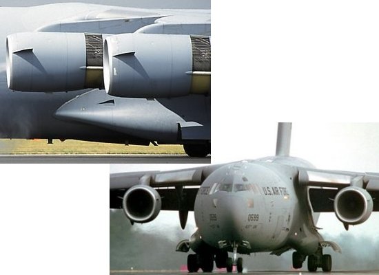 Large vortex generator plates visible on the engine cowlings of a C-17