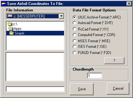 Saving airfoil coordinates from SNACK