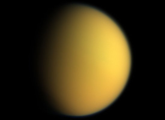 Hazy orange atmosphere of Saturn's moon Titan photographed by Cassini