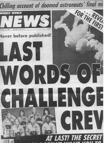 Cover of the Weekly World News issue in which the Challenger transcript appeared