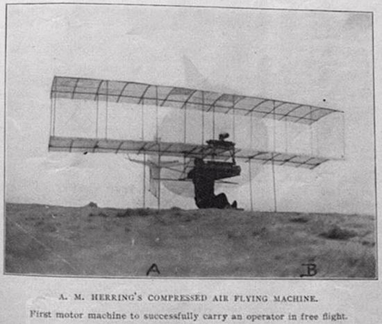Augustus Herring flying his glider with a compressed air engine