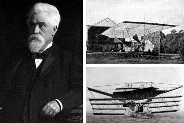 Hiram Maxim and two views of his biplane test rig