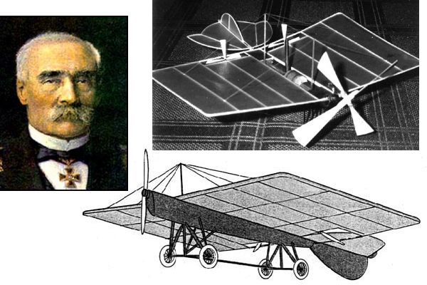 Alexander Mozhaisky and two views of his airplane design
