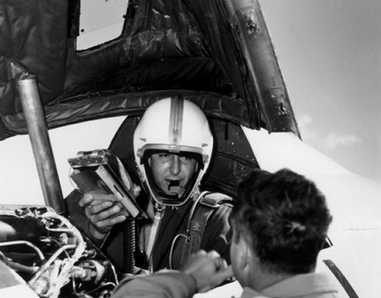 Scott Crossfield in the cockpit of the D-558-2 shortly after reaching Mach 2