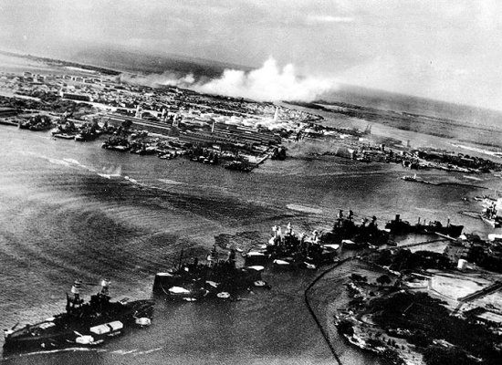 Japanese aerial photo of the torpedo attack on Battleship Row