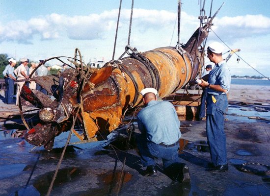 Wreckage of a midget sub recovered from Keehi Lagoon in 1960