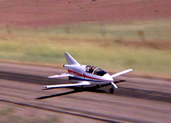 James Bond taking off while flying the small jet in a scene from Octopussy