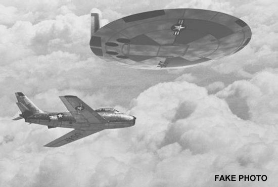 Supposed saucer in flight with an F-86 Sabre