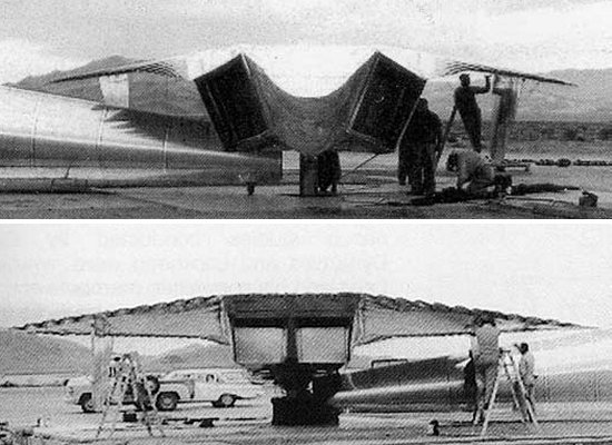 Forward and aft views of the inverted Kingfish model during radar testing