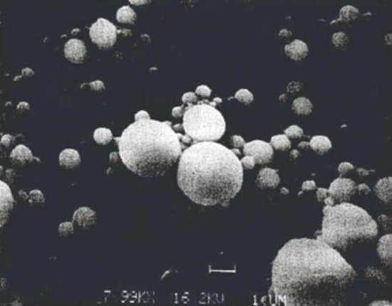Aluminum oxide particles photographed using a scanning electron microscope (enlarged 8000x)
