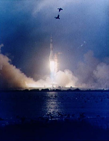 Apollo 12 ascending into overcast skies