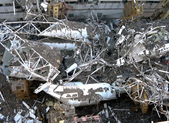 Crushed wreckage of Buran seen from overhead