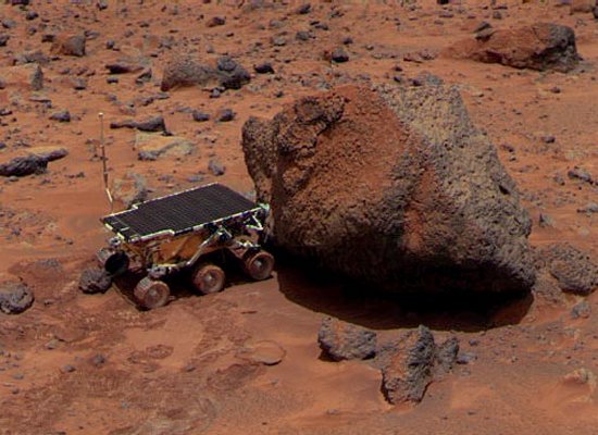 The Mars Pathfinder rover Sojourner exploring the Martian surface