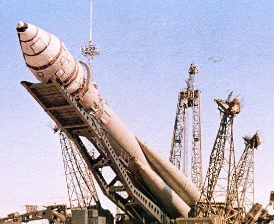 Vostok 1 being prepared for Yuri Gagarin's first orbital flight