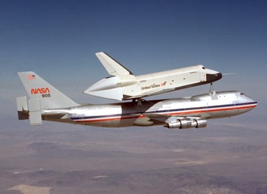 Enterprise mated to the 747 Shuttle Carrier Aircraft during a captive flight
