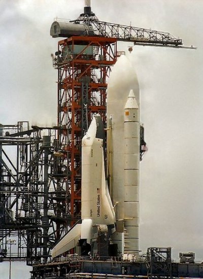 Enterprise as part of a complete Space Shuttle stack at Kennedy Space Center