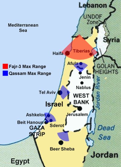 Areas of Israel currently or potentially threatened by Hezbollah and Hamas rockets