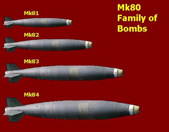 Examples of the Mk 82, Mk 83, and Mk 84 unguided bombs