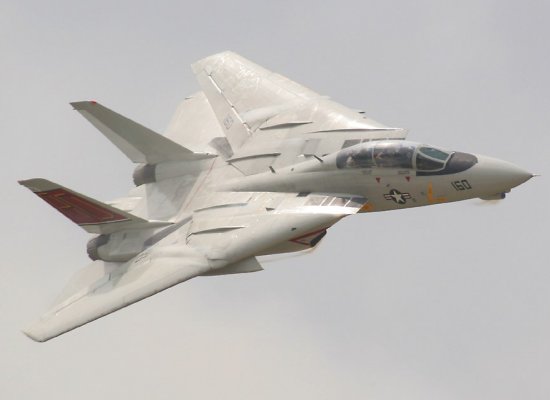 F-14 with wings fully swept back during high speed flight