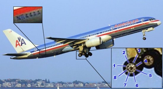 Boeing 757-200 with tail number N644AA flown on American 77 showing 8 cutouts in its main landing gear wheels