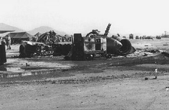 Wreckage of an F-102 destroyed by enemy fire in Vietnam