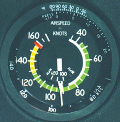 Typical airspeed indicator gauge from an aircraft cockpit
