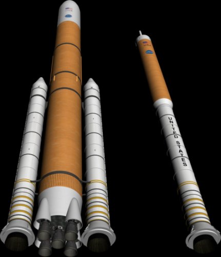 Comparison of the Ares V (left) and Ares I (right) launch vehicles
