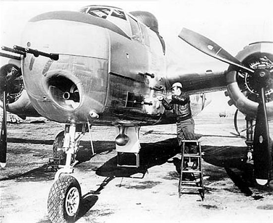 Closeup of the 75-mm cannon on a B-25H