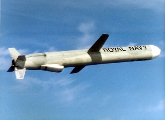 Tomahawk cruise missile of the Royal Navy in flight with wings deployed